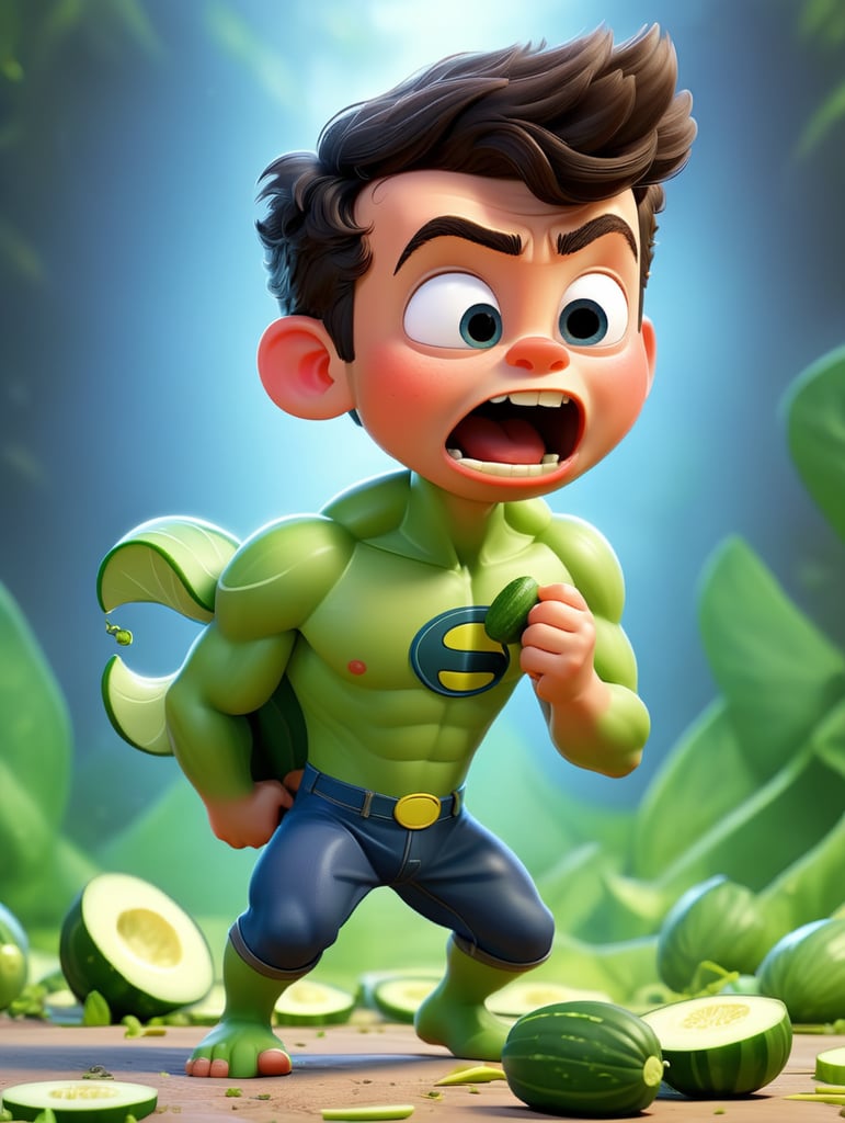 Crea un immagine di un bambino supereroe che mangia un cetriolo e fa de peti