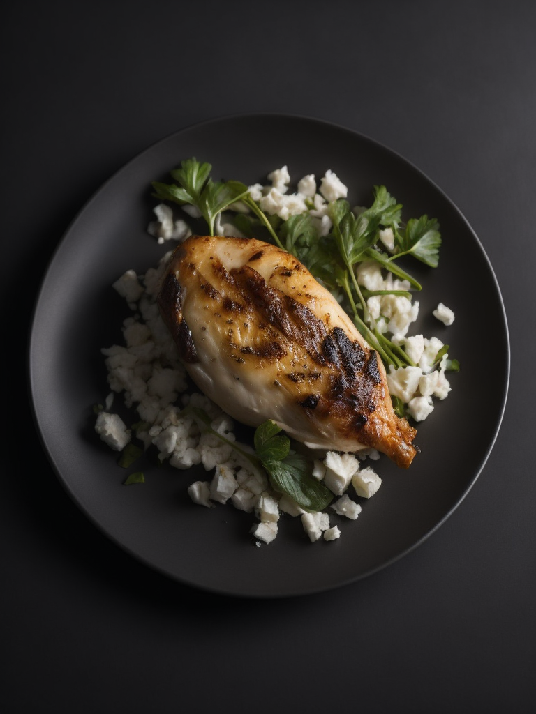 Chicken and Goat Cheese dish, photo, top view, dark plate, dark table