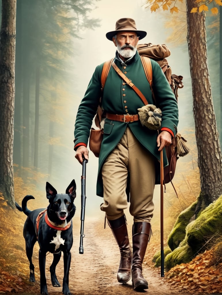 Retro poster an old Austrian hunter with a hunting dog walks along a forest path, dressed in traditional Austrian clothes, carrying a backpack with things, caught game in his belt