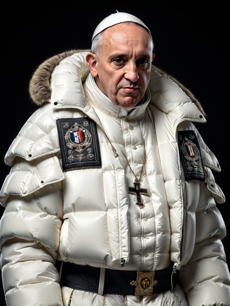 Professional photo glamour of Pope Francis looking stylish in a white puffer jacket