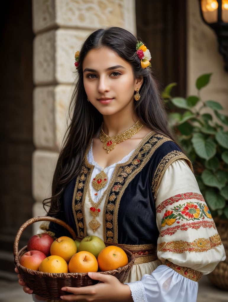 Azerbaijani girl in national dress of the 18th century holding a fruit basket. The girl has black hair.
