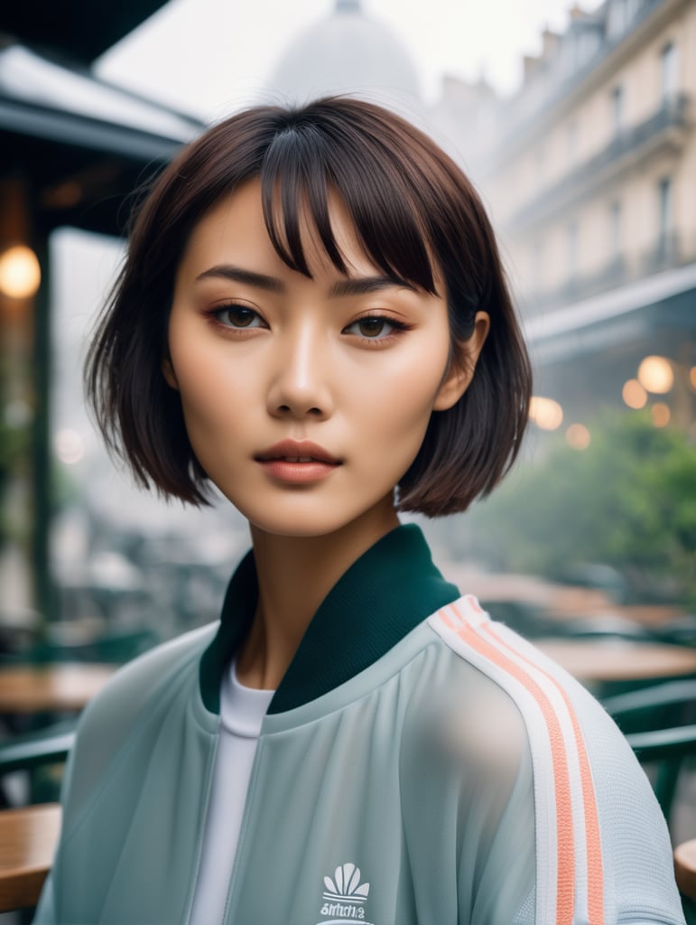 Portrait of a beautiful japanese fashion model with bob-cut hair and a sporty athleisure outfit, ethereal dreamy foggy, photoshoot by henri cartier bressons, editorial fashion magazine photoshoot, fashion poses, in front of parisian café terrace. kinfolk magazine. film grain. a soft smile