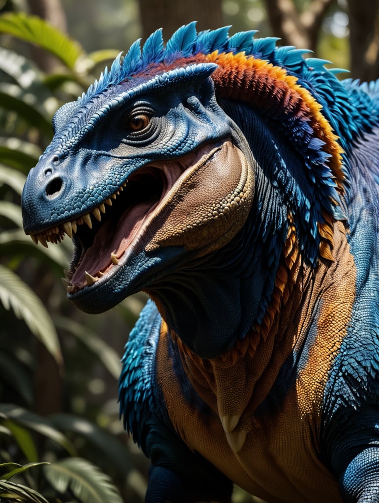 Blue feathered Tyrannosaurus rex, Vibrant colors, Depth of field, Incredibly high detail, Blurred background