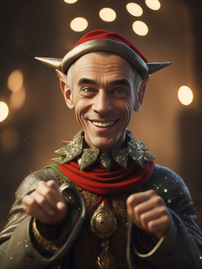 Please create a photo-realistic image of a Christmas elf, adorned in festive attire, smiling and dancing joyfully. The elf's outfit should be vibrant and detailed, capturing the essence of the holiday spirit. The expression on the elf's face should radiate happiness and merriment, with eyes sparkling with festive cheer. The elf's pose should convey movement and the joy of dance. The background of the image should be a solid, neutral color, ensuring the elf remains the primary focus and facilitating easy integration into other designs