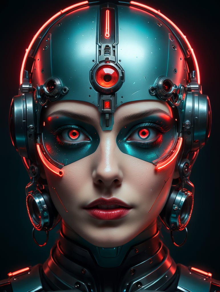 neon light eyes and face, in the style of cyberpunk imagery, playful body manipulations, dark aquamarine and red, minimalist portraits, bunnycore, realistic anamorphic art,
