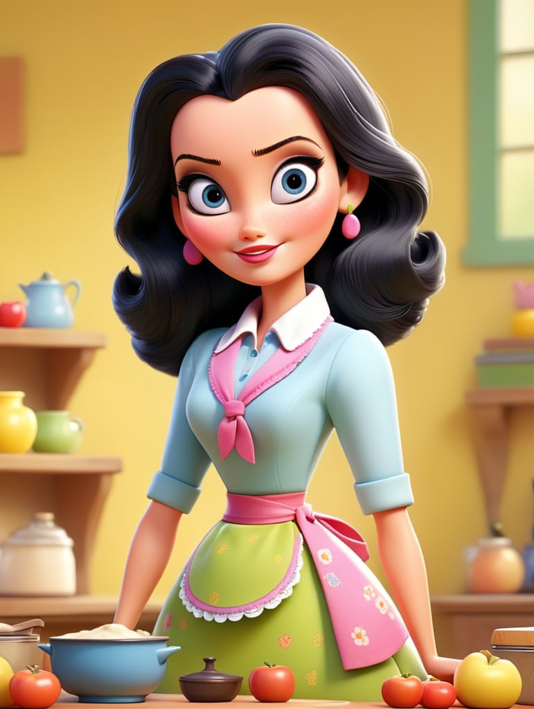 Drawing of an adult Barbie with a primary school teacher's apron, oval face with a thick body, white skin, straight black hair, black eyes