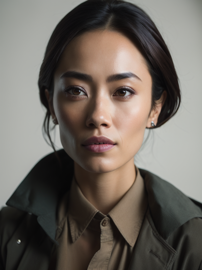 A portrait of a female Filipino creative professional in a studio with white background, midshot, stock photo style