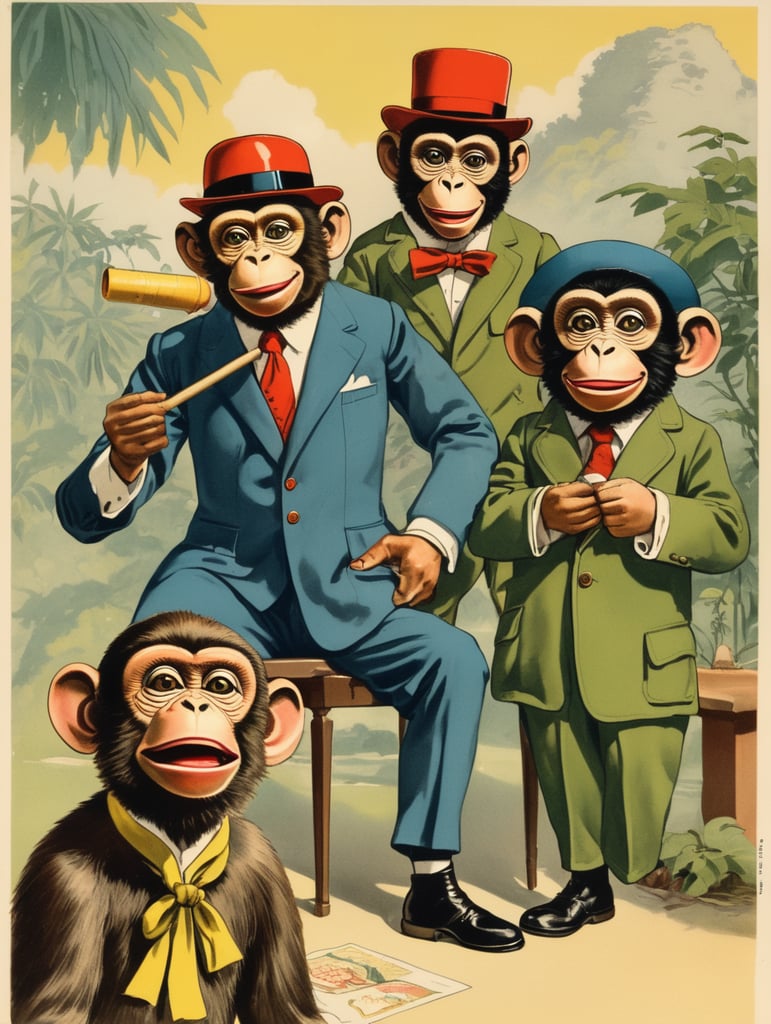 Illustration of a monkey puppets in the style of Donald Fraser Gould McGill and a Bamforth postcard