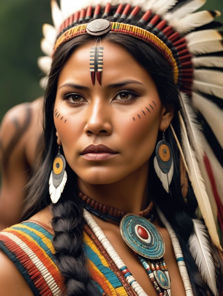 a realistic cinematic close-up of a beautiful Native American woman from the Amazon, indigenous woman, Indian queen South America, stunning Native American princess Amazon, Amazonian art, indigenous arts, dignified princess, beautiful woman from the Amazon Amazon, a beautiful proud female warrior leader, Indian iconography, beautiful art of colors! Native American woman, photo of a very beautiful Native woman.