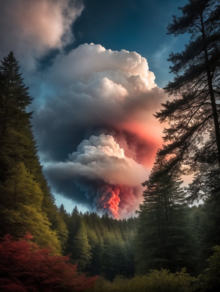 a single big cloud is hovering over a dark forest and shines with subtle red colors, the air is full of mist so that the light shines very hazy, vibrant blue colours, highly detailed, sharp focus, dramatic lighting, depth of field, incredibly high detailed, photorealistic, in analogue image style, light refractions