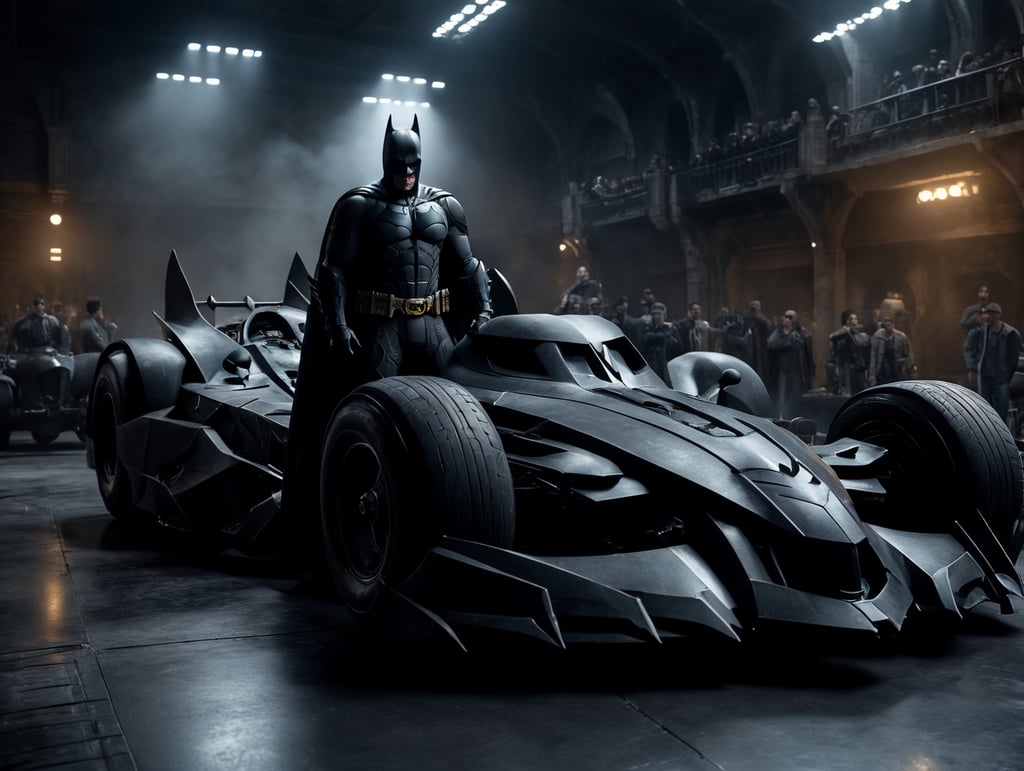 batman standing on batmobile