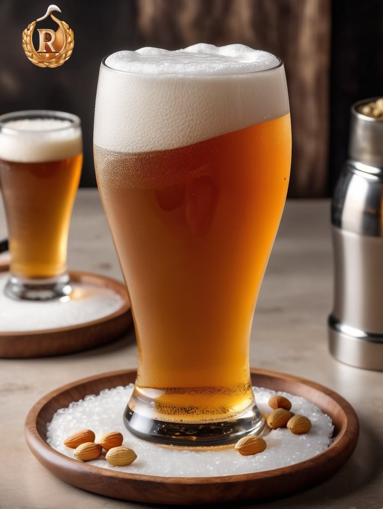 small round stainless steel plate filled with dry peanuts, one gorgeous pint of beer, beer swirl inside glass, one inch of white foam on top, transparent beer, frozen glass, advertisement, highly detailed