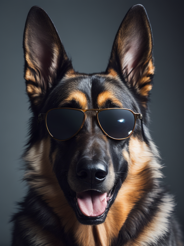 A portrait of a german shepherd wearing sunglasses