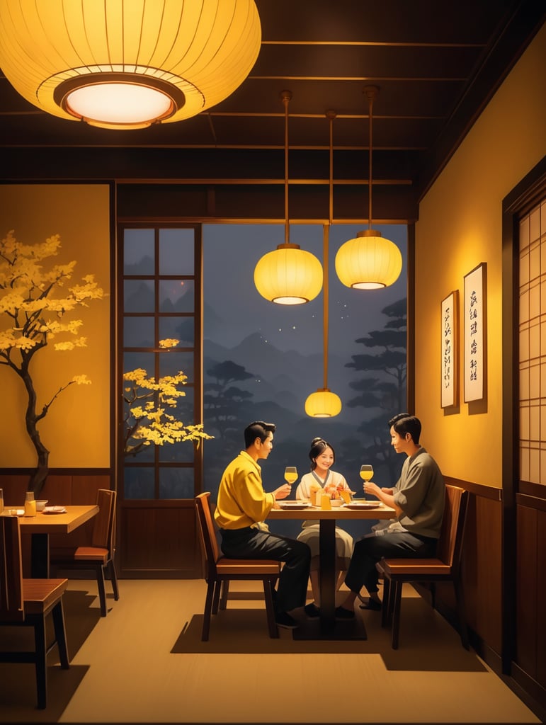 couple dinner at japanese restaurant with yellow light ambience, disney art style