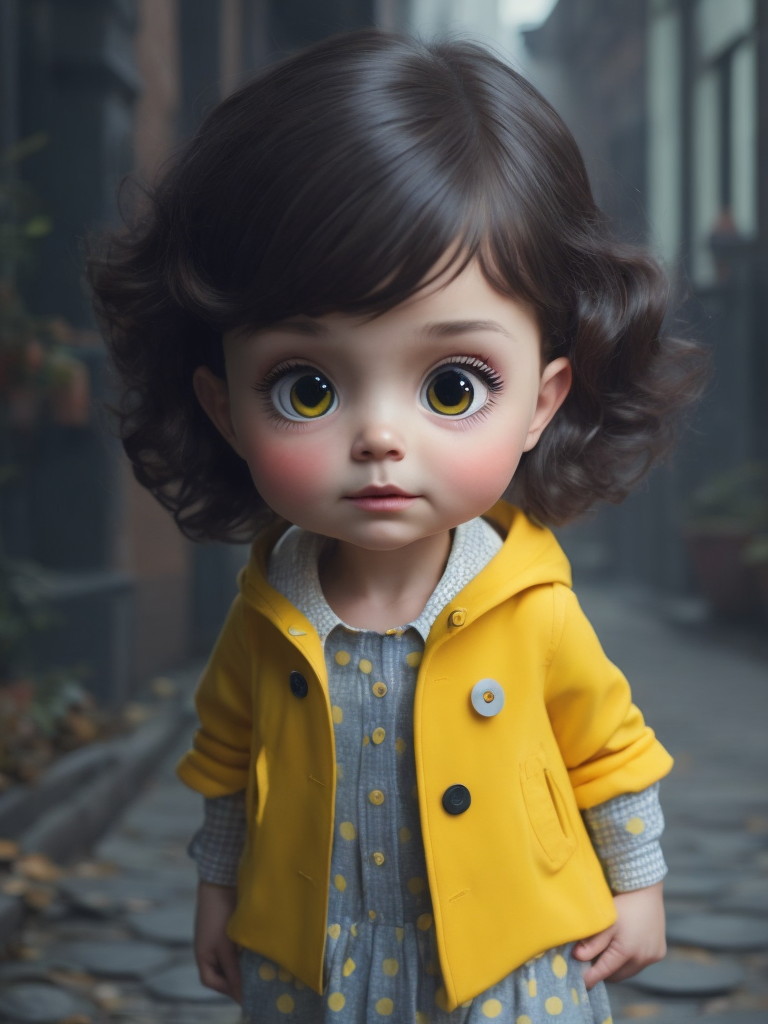 a little beautiful girl, Big Eyes, Button Nose, Small Mouth, Rosy Cheeks, Short Curly Hair, Polka Dot Dress, Yellow Raincoat and Boots, stands in the center, in 3D style, rendered using beautiful Disney animation, Pixar style, Disney style,