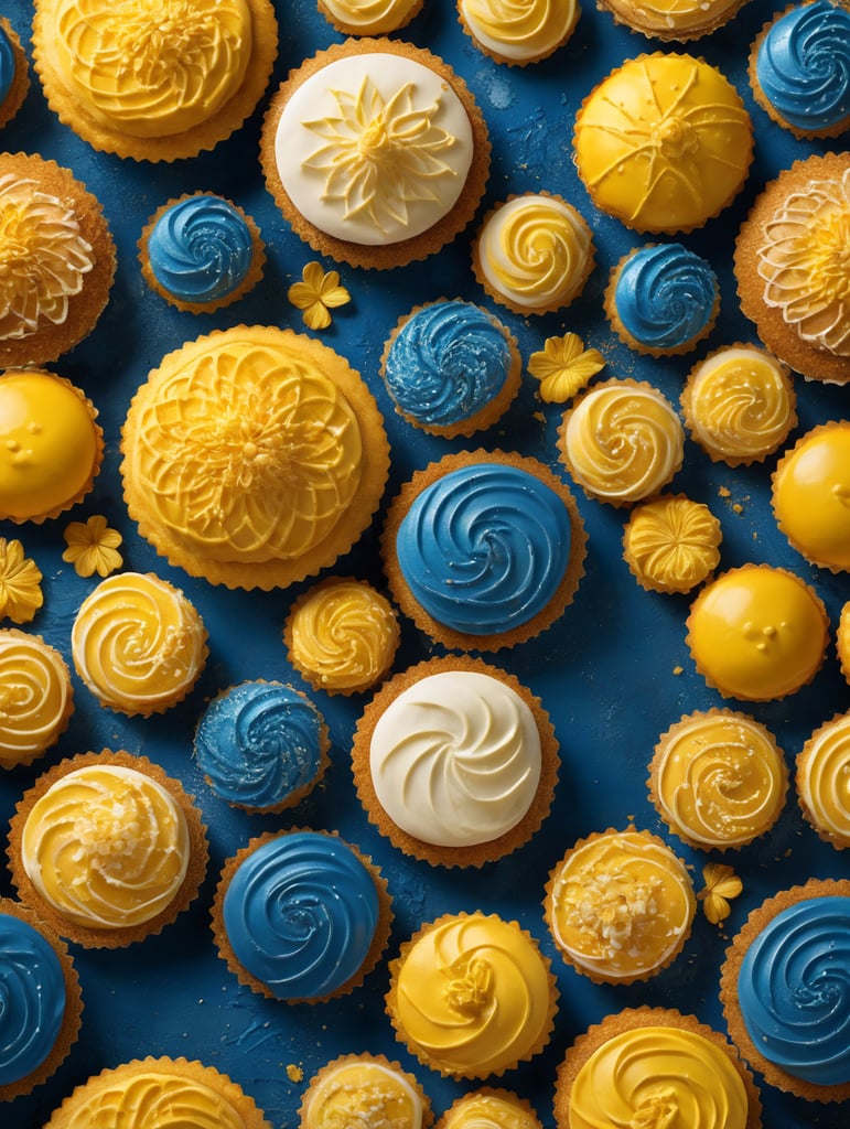 Generate an abstract pattern inspired by pastry piping tips, sweet textures, and related elements. Incorporate the vibrant colors of the bakery: a bold yellow and a medium-toned blue. Avoid direct replication of the provided text or its elements