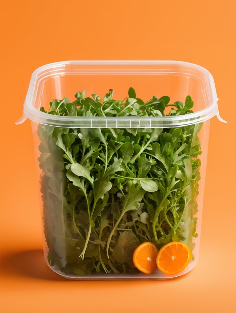 blank Transparent Plastic Container with Arugula Salad, isolated, orange background, Mockup, mock up