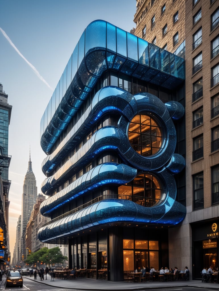 A futuristic neocosmic architectural facade of à Restaurant on the form of a musical note, in New York city, in blue glass, hyper realistic, hyper detailed, Nikon camera