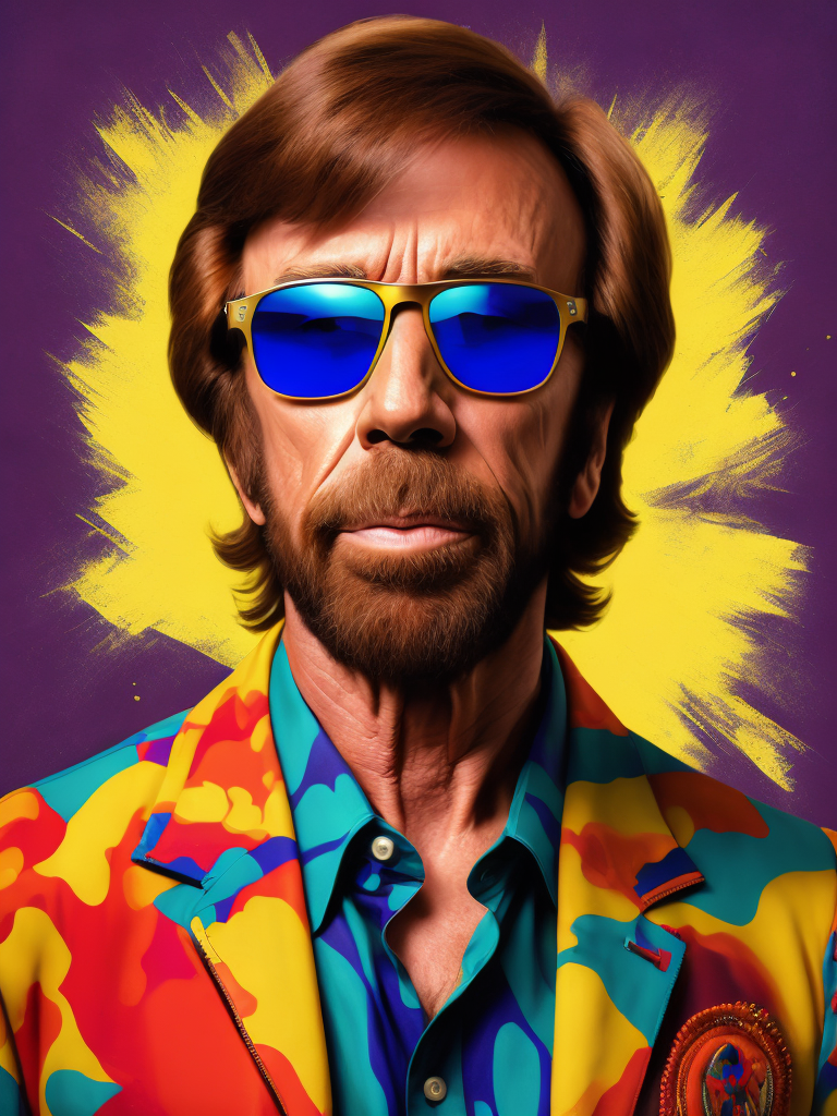 Chuck Norris wearing a brightly patterned jacket and wayfarer glasses, Vivid saturated colors, Contrast color