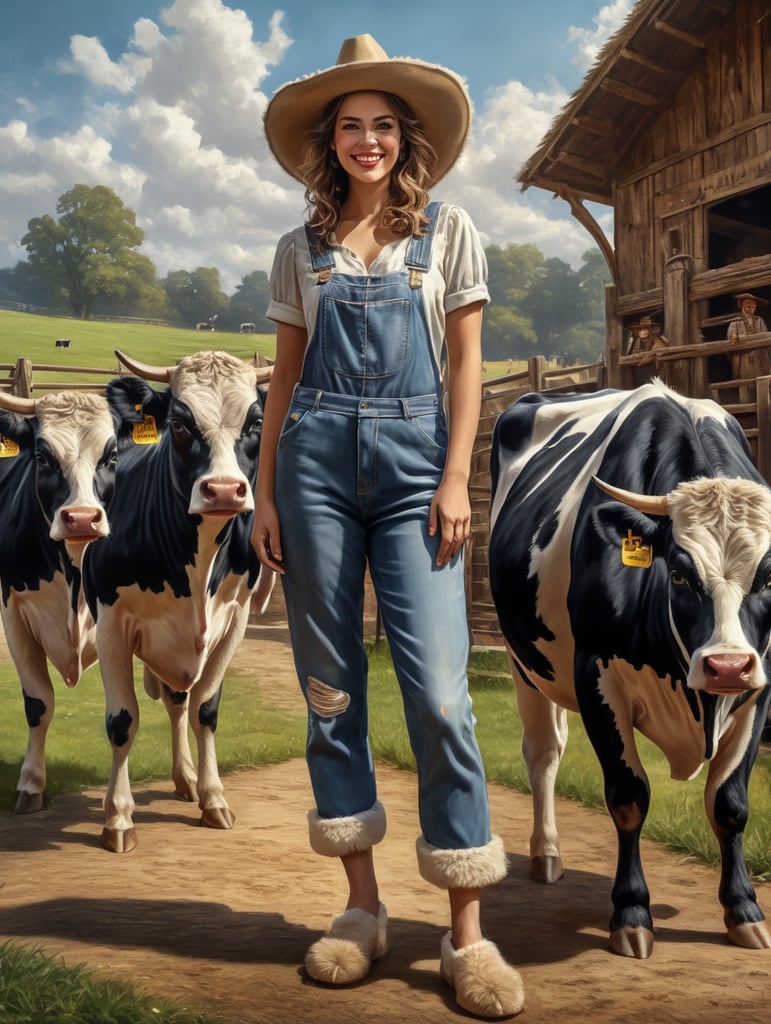 Draw a happy young woman wearing furry slippers on her feet that look like small holstein cows. The woman wears a large cowbow hat and denim overalls, and is standing in a barnyard with cows shown in the background.