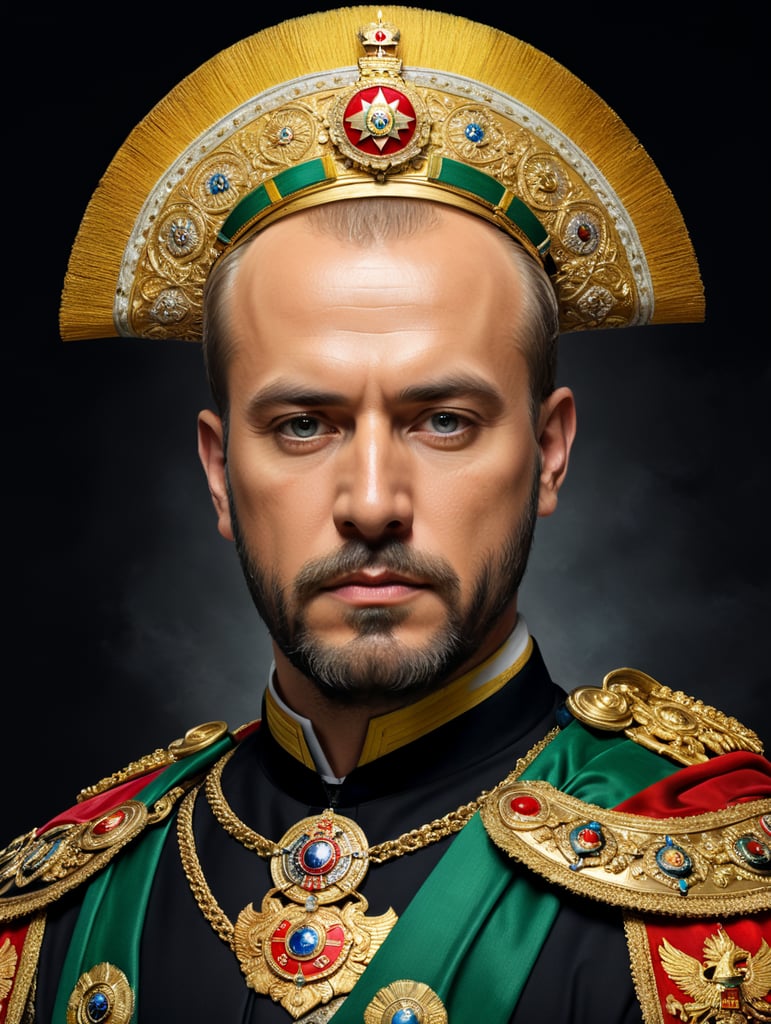 Pintura a óleo de um homem de 34 anos vestido como imperador do México ele tem a faixa Imperial e as insígnias imperiais ele é loiro e tem um pouco de calvície Seus olhos são azuis sua barba é loira grande e espessa Ele é bonito a foto é do corpo da cintura para cima retrato super detalhado em altíssima qualidade
