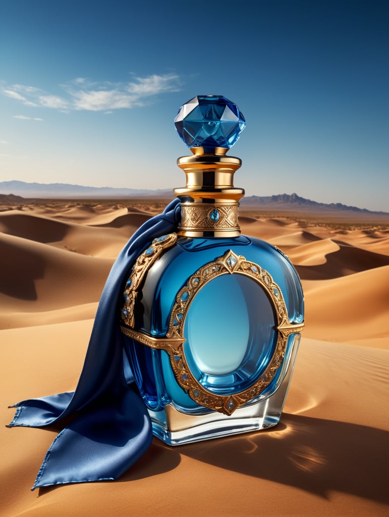 professional photography of a luxury perfume bottle in the desert, Blue satin scarf in the background, no label, clear, mockup
