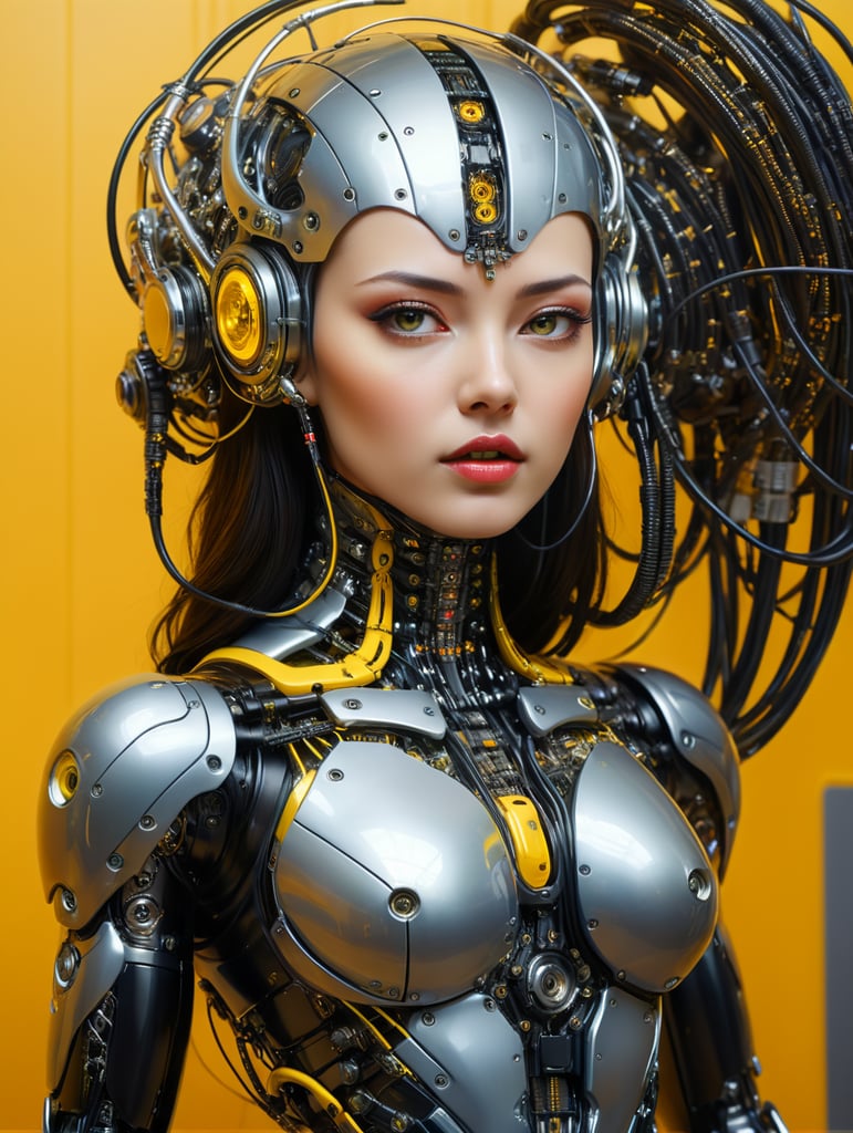 Half body photography, in front of a yellow wall, a futuristic cyborg woman, full of cables and wires and led, an well shaped transparent dark plexiglass latex body plc robots with silver motor head, 80 degree view, art by sergio lopez, natalie shau, james jean and salvador dali