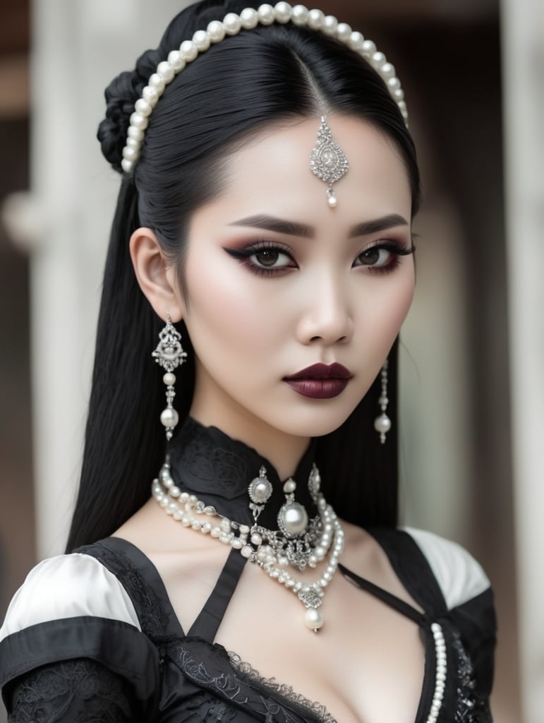 Thai woman wears a goth outfit, pearl white skin