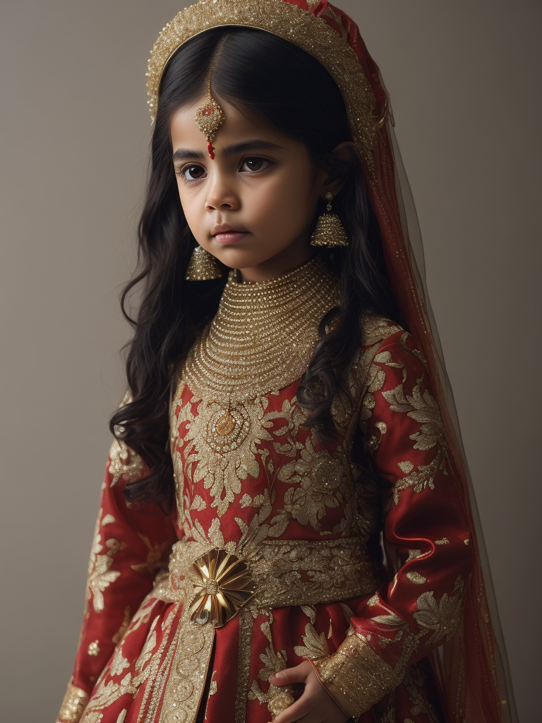 (((cute, sad 5-year-old girl))) of India dressed in a (((typical wedding dress of India, with gold and red geometric patterns))), (photorealistic: 1.4, lifelike), highly detailed CG unified 8K backgrounds, 1 child, looking at viewer, (HQ skin:1.4), 8k uhd, dslr, soft lighting, high quality, film grain, fujifilm XT3, ((simple neutral background)).