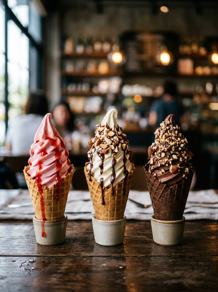three soft serve waffle cones arranged centrally, left cone featuring pink swirl and red syrup, center white cone with chocolate drizzle and chopped nuts, right chocolate cone sprinkled with nuts, deep background, commercial food photography, macro studio lighting, glossy textures