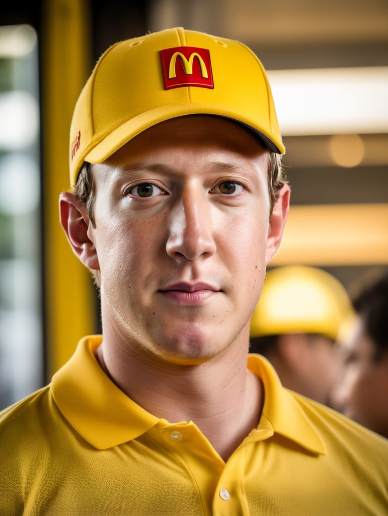 Mark Zuckerberg als Mc Donalds Arbeiter. Schweiß auf der Stirn und 3-Tagebart, Gelbes Poloshirt,