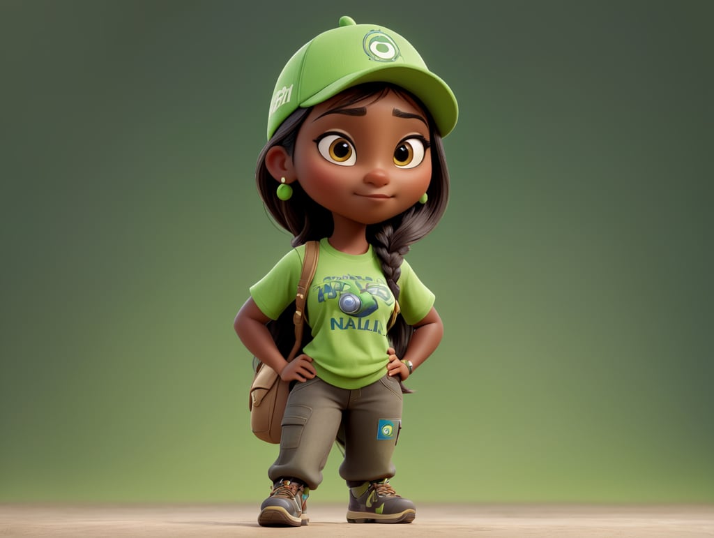 Personagem feminina, pele morena, estilo disney pixar, cabelo liso comprido, aventureiro, com camiseta e boné verde, corpo inteiro
