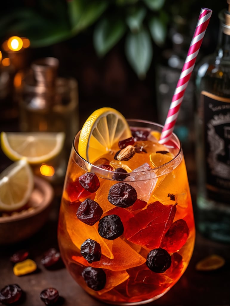 Gin cocktail with dried fruit slices, mood lighting