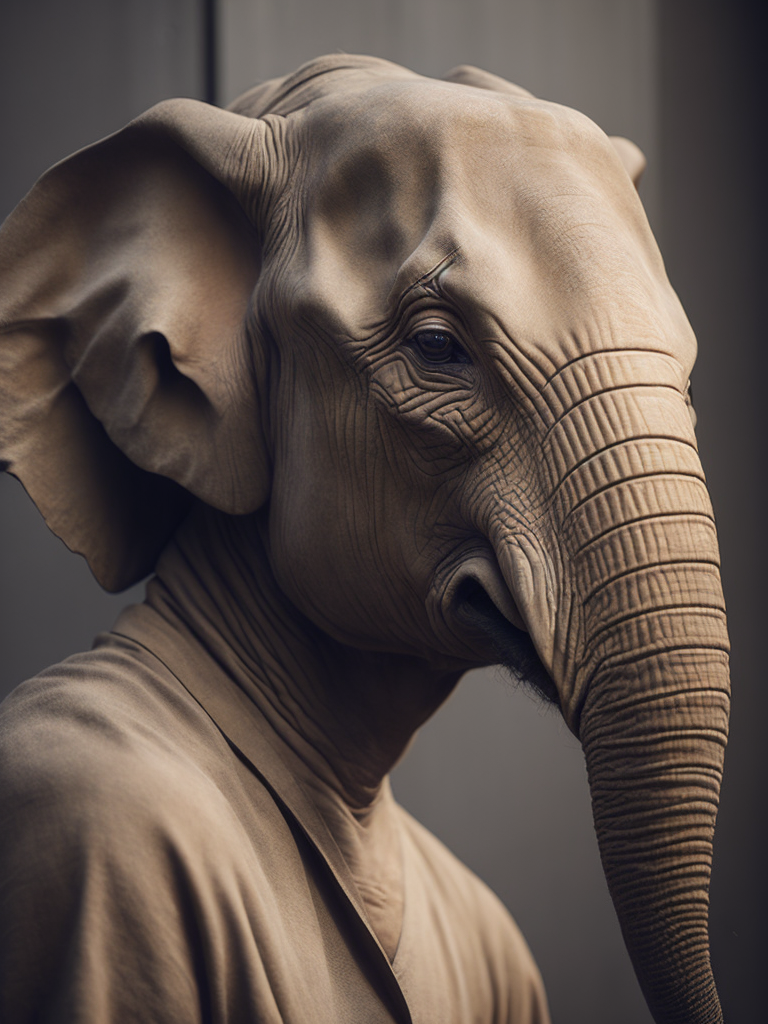 Type of Image: Photography (((Subject Description: realistic wall head))) An realistic digital illustration of an elephant mixed with a human face in Africa portrayed in a stylized, tribal art-inspired manner to represent the elephant and its significance in Africa.