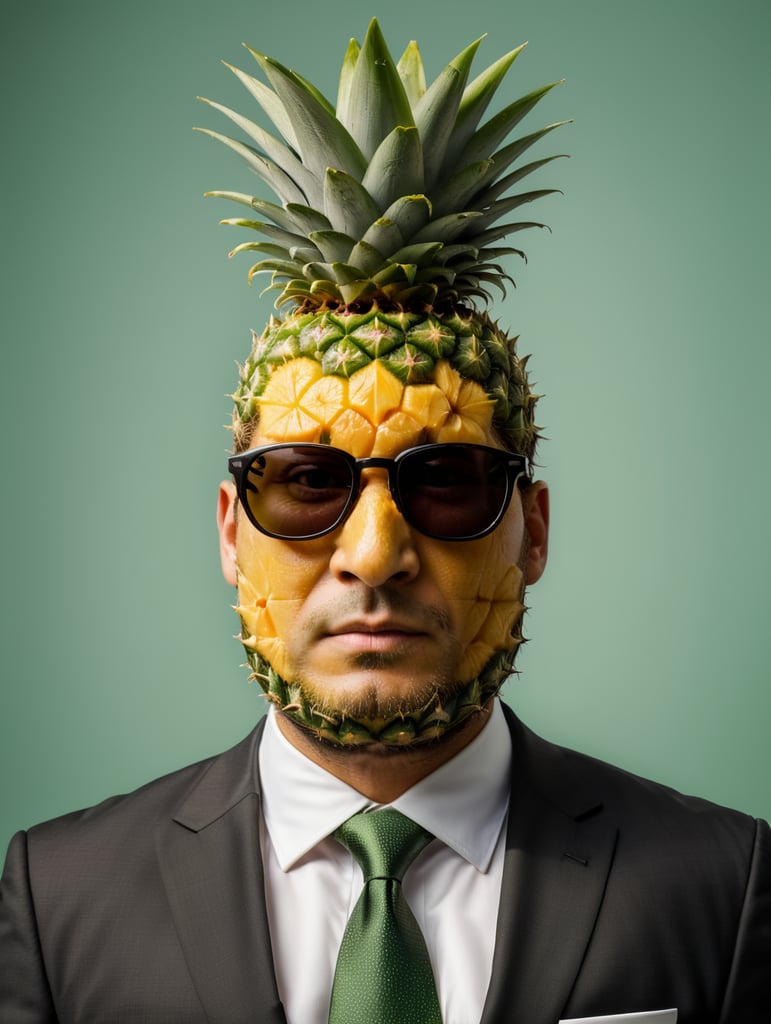 A man in a business suit with a pineapple for a head, green background, sunglasses, isolated