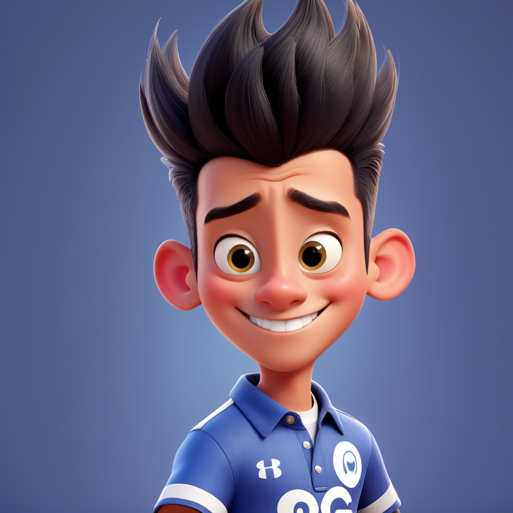 a skinny South American teenager, very happy, with quiff-like hair, with a bumpy nose in the middle mascot for pro-art company, Disney Pixar Style