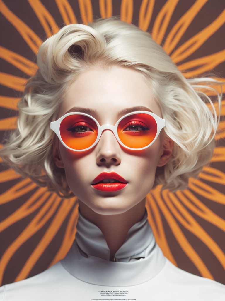 Pale-skinned girl model, wearing a high-necked dress, contrast lighting, white sunglasses with red-orange lenses, red lips, blonde hair in a bob style, dark background with orange-red rays, fashion model, magazine cover, professional shot,