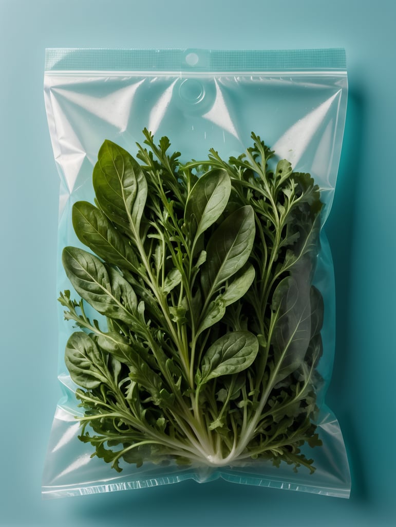 blank Transparent Plastic bag with Arugula Salad, isolated, cyan background, Mockup, mock up