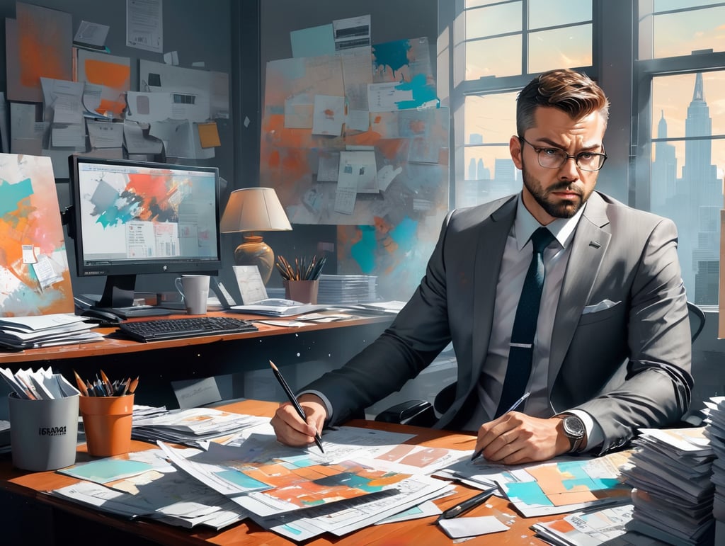 an accountant in a large office looking tired, sitting at his desk with a pile of papers, a computer, wearing a grey suit