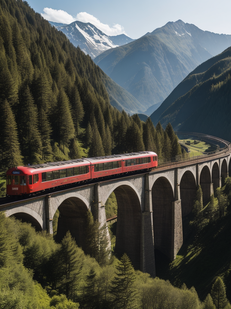 The Landwasser Viaduct bridge in switzerland, Red vintage train rides over the bridge, forests and mountains in the background, Very High details, Vibrant colors, sharp on details