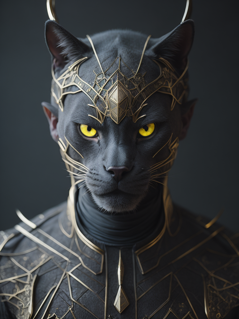 [anthropomorphism cat man in full growth], full body,in full growth, glowing eyes, looking at viewer, dark fantasy demon, gothic cyber, horror egyptian mythology, mysterious golden metal wires, fractional shiny crystals, cult ritual, (masterpiece:1.2) :: (best quality:1.2) :: (intricate) :: (wallpaper), global illumination, ray tracing,