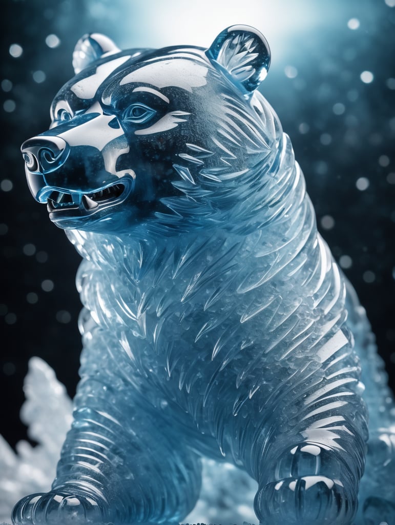 Highly detailed shot of an blueish ice sculpture in the shape of a Russian Bear, full-body shot, dramatic shattering ice background, full motion effects, diagonal view, ice crystal particles everywhere, back light, ultra sharp focus, high speed shot, subtle color, Bioluminescence, high quality