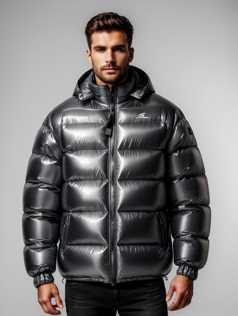 Inflatable chrome minimalist man's puffer jacket, transparent, isolated, grey background, mockup