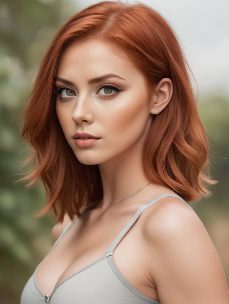 female body red hair white eye with generous chest she has mini-short and croptop woman is in full view