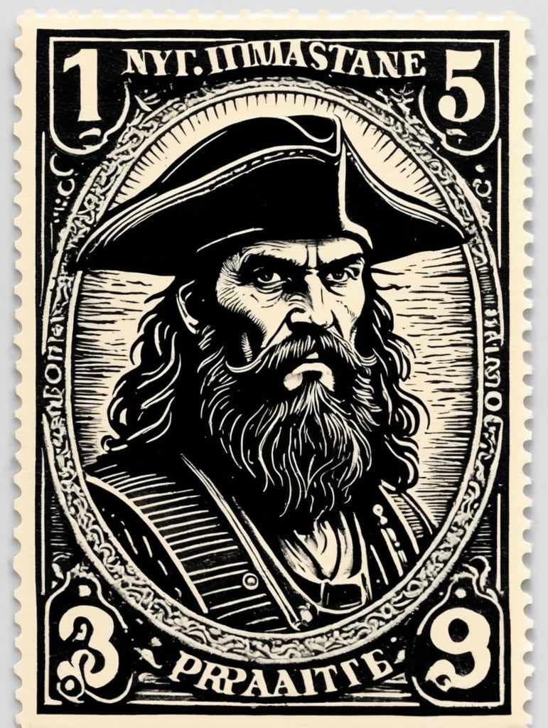 Black and white linocut postage stamp old pirate thick bold dark lines