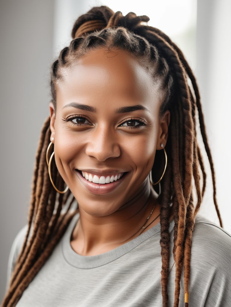 realistic portrait photography of a black woman in grey t shirt and dreads smiling on plain white background