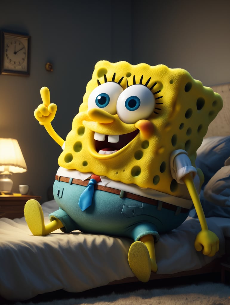 fat spongebob waking up and leaving his bed at night