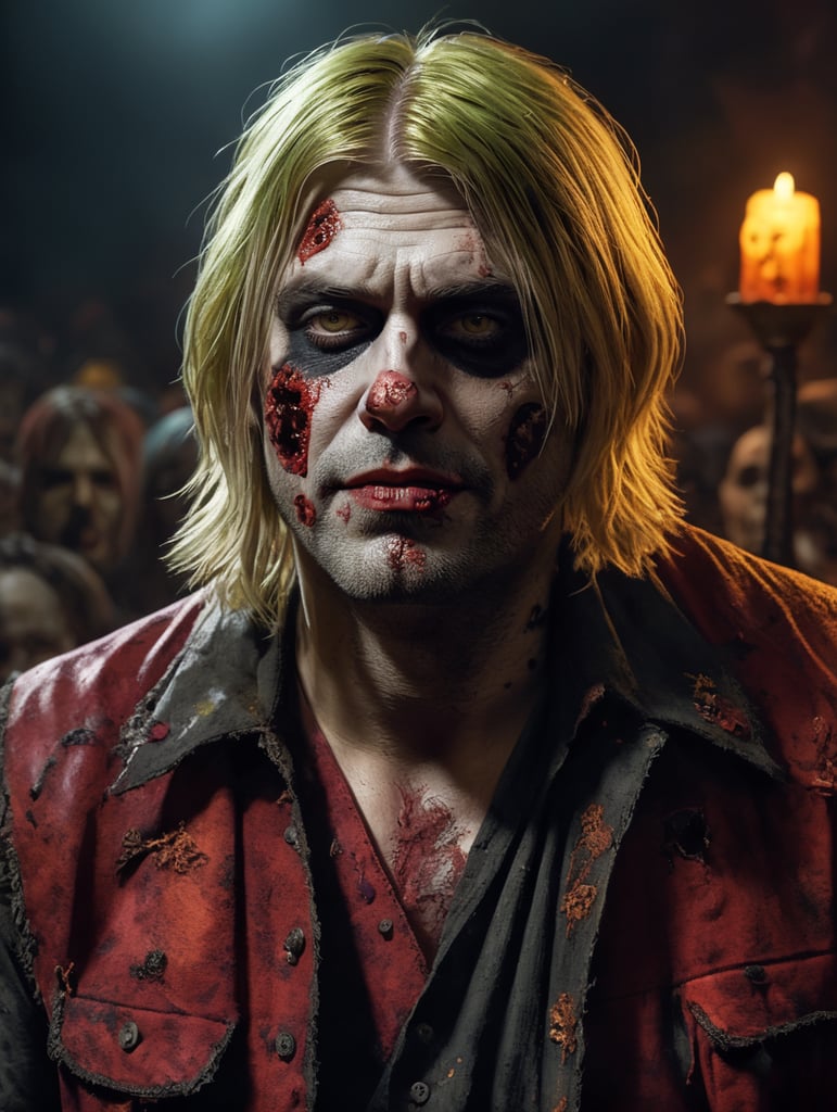 Kurt Cobain as a zombie, wearing creepy and spooky Halloween costumes, Vivid saturated colors, Contrast color