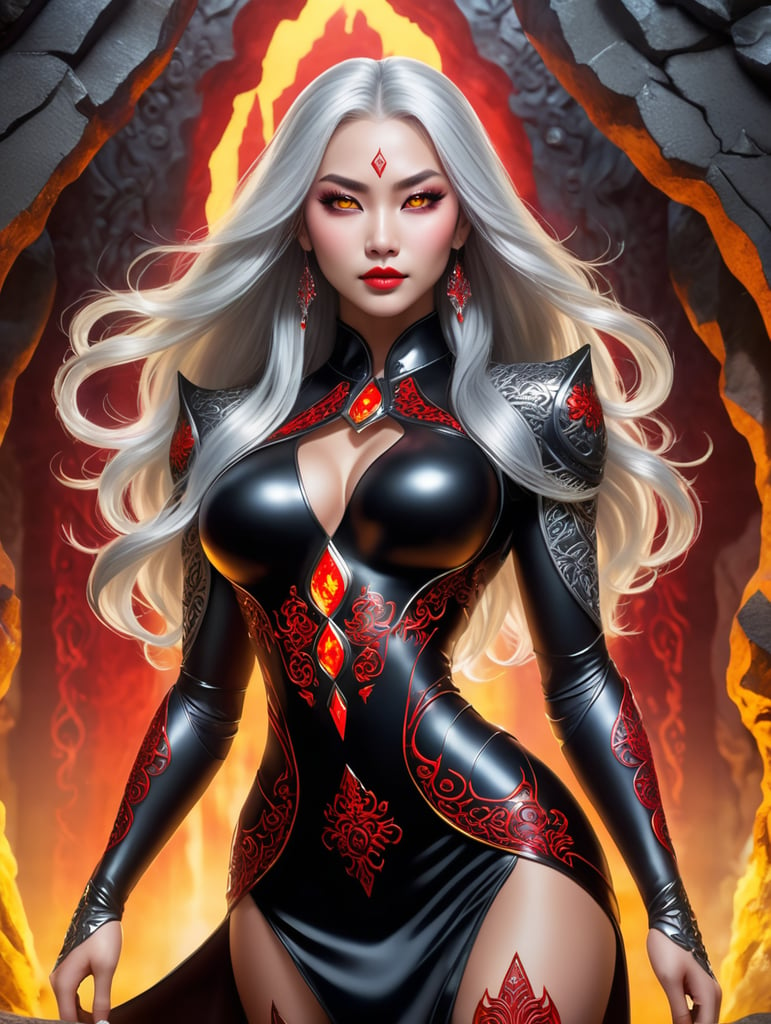 A female drow character with an extremely dark, obsidian black complexion and a muscular fitness physique, in a square format. Her skin is polished obsidian-like, emphasizing her muscular build. Her long, silver hair creates a vivid contrast. Her eyes are vibrant, glowing red. She's adorned in a sleek, black high-slit cheongsam dress with yellow pattern throughout, showcasing her strength and body curves in a detailed, full-body view. The background is a mystical realm with glowing symbols and an underground cavern hint. Her confident, dominant pose highlights her formidable character.