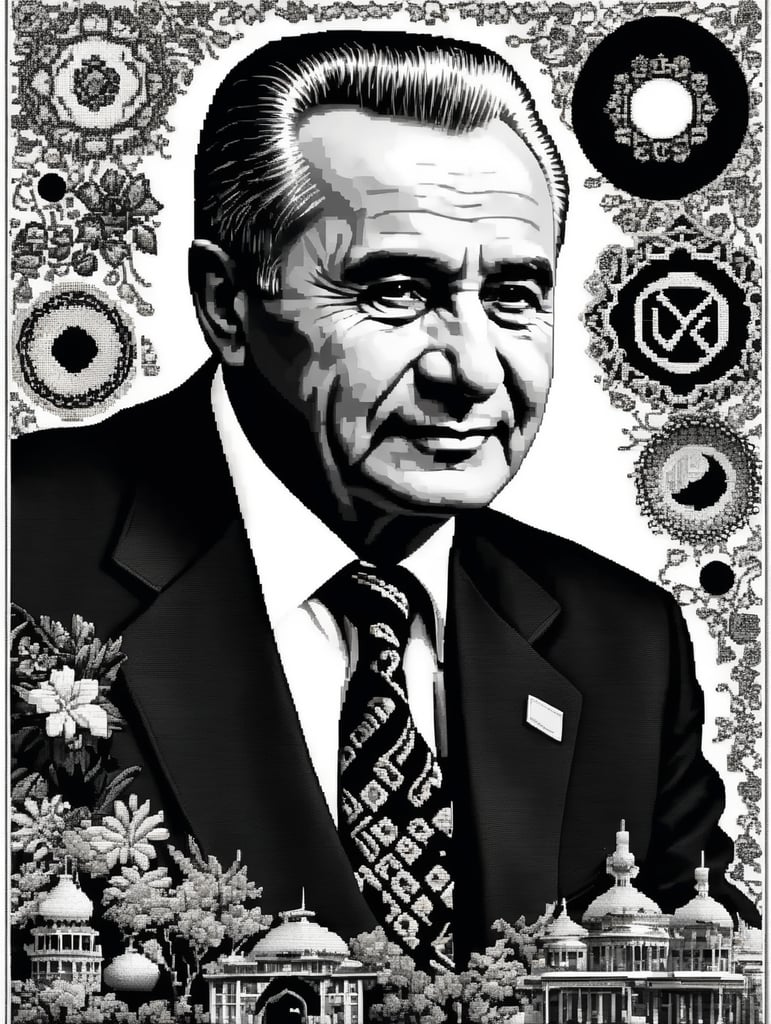 cross stitch pattern with nicolae ceausescu in the style of fujifilm natura 1600, white and black, expressive comic panels, made of beads and yarn, craftcore, skillful, free brushwork